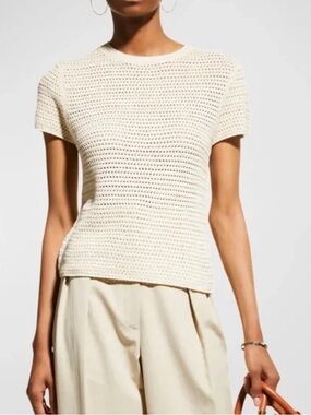 Vince Cream Crochet Knit Crewneck Short Sleeve Sweater Top